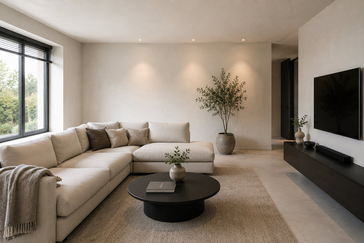 Moderne woonkamer met strak stucwerk